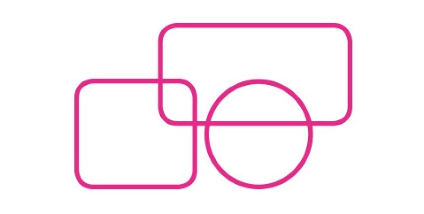 Αφηρημένο γραφικό με τρία αλληλεπικαλυπτόμενα σχήματα - ένα τετράγωνο, ένα ορθογώνιο και έναν κύκλο - σχεδιασμένα με μια συνεχή ροζ γραμμή.