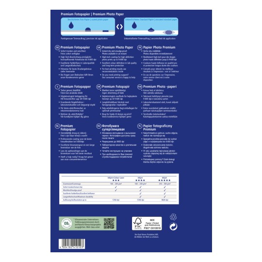 Η εικόνα είναι μια απεικόνιση διαφόρων γλωσσών που περιγράφουν το Premium Φωτογραφικό Χαρτί, τα χαρακτηριστικά του και συστάσεις για τα καλύτερα αποτελέσματα εκτύπωσης. Περιλαμβάνει προδιαγραφές, οφέλη και πληροφορίες για την υποστήριξη πελατών.