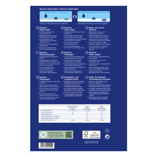 Η εικόνα είναι ένα φύλλο πληροφοριών προϊόντος για το Business Inkjet Paper, που περιγράφει προδιαγραφές σε διάφορες γλώσσες, συμπεριλαμβανομένων των Γερμανικών, Αγγλικών, Γαλλικών, Δανικών, Φινλανδικών, Ολλανδικών, Ρωσικών και Πολωνικών. Περιλαμβάνει πληροφορίες για την ποιότητα εκτύπωσης, τα χαρακτηριστικά και τις επιλογές υποστήριξης πελατών, μαζί με έναν πίνακα που συγκρίνει διαφορετικούς τύπους χαρτιού inkjet.
