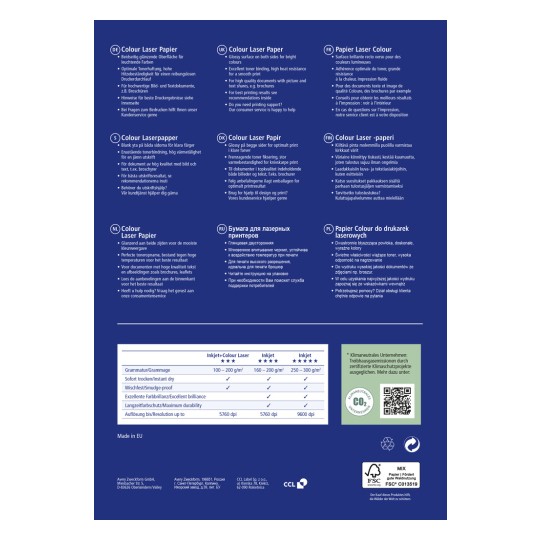 Αυτή η εικόνα περιλαμβάνει πληροφορίες για το έγχρωμο χαρτί λέιζερ, συμπεριλαμβανομένων περιγραφών σε πολλές γλώσσες σχετικά με τις ιδιότητές του, τις χρήσεις του και τις τεχνικές του προδιαγραφές. Τονίζει χαρακτηριστικά όπως η γυαλιστερή επιφάνεια, ιδανική για εκτύπωση ζωντανών χρωμάτων, και παρέχει οδηγίες για τη συμβατότητα με εκτυπωτές inkjet, τις προδιαγραφές και την υποστήριξη πελατών.