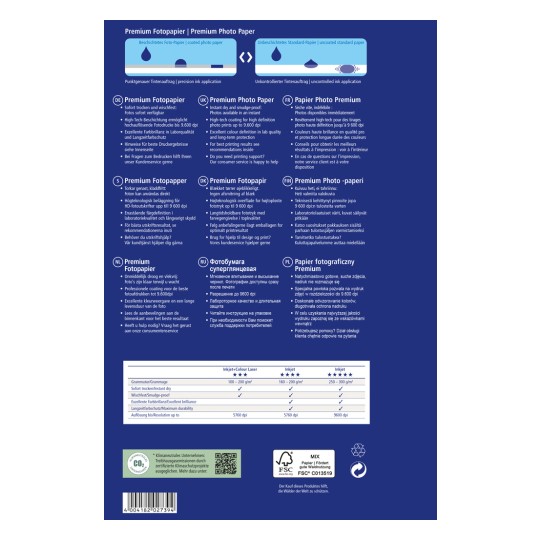 Η εικόνα παρουσιάζει μια κάρτα πληροφοριών προϊόντος για χαρτί φωτογραφιών premium, περιγράφοντας χαρακτηριστικά, προδιαγραφές και συστάσεις σε πολλές γλώσσες, συμπεριλαμβανομένων των γερμανικών, αγγλικών, γαλλικών και άλλων.