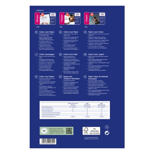 Η εικόνα δείχνει το πίσω μέρος μιας συσκευασίας για Χαρτί Χρώματος Laser, παρουσιάζοντας λεπτομέρειες προδιαγραφών, συστάσεις χρήσης και διάφορες μεταφράσεις γλωσσών. Περιλαμβάνει πληροφορίες για το βάρος του χαρτιού, την ποιότητα και τα αποτελέσματα εκτύπωσης.