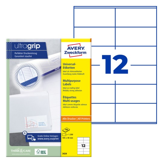 Συσκευασία με ετικέτες: Avery Zweckform Universal-Etiketten, Άρθρο: 3424, Διάσταση: 105 x 48 mm, Καταλληλότητα εκτύπωσης: Inkjet, Laser ασπρόμαυρο, Έγχρωμο λέιζερ, Περιεχόμενο: 1.200 ετικέτες / 100 φύλλα, 12 ετικέτες/φύλλο.