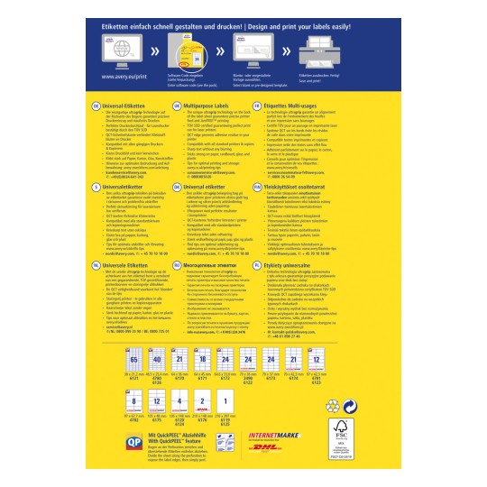 Η εικόνα περιέχει πληροφορίες σχετικά με καθολικές ετικέτες, παρουσιάζοντας διάφορες προδιαγραφές και γλώσσες για την εκτύπωση και τη χρήση των ετικετών. Περιλαμβάνει λεπτομέρειες όπως το μέγεθος, την συμβατότητα και τα χαρακτηριστικά που σχετίζονται με τις ετικέτες που προσφέρει η Avery.