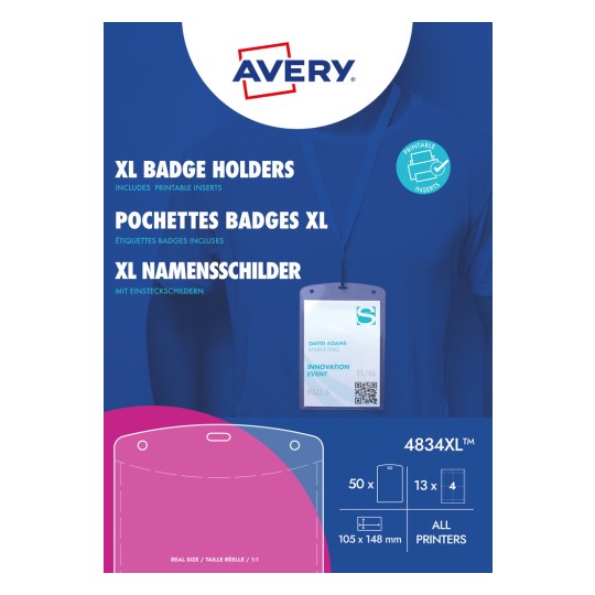 Εικόνα συσκευασίας: Avery Zweckform, Άρθρο: 4834XL, Διάσταση: 105 x 148 mm, Καταλληλότητα εκτύπωσης: Ασπρόμαυρο laser, Έγχρωμο laser, Inkjet, Laser, Περιεχόμενο: 50 κονκάρδες ονομάτων / 52 καρτελάκια εισαγωγής / 13 φύλλα, /φύλλο.