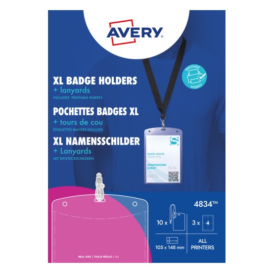 Εικόνα συσκευασίας: Avery Zweckform, προϊόν: 4834, διάσταση: 105 x 148 mm, καταλληλότητα εκτύπωσης: Inkjet, έγχρωμος laser, λέιζερ ασπρόμαυρο, φωτοτυπικά, περιεχόμενο: 10 ετικέτες ονομάτων / 12 καρτέλες εισαγωγής / 3 φύλλα, /φύλλο;