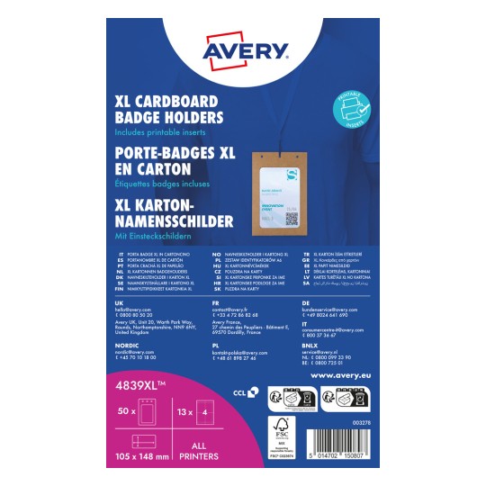Εικόνα συσκευασίας: Avery Zweckform, Άρθρο: 4839XL, Διαστάσεις: 105 x 148 mm, Καταλληλότητα εκτύπωσης: Laser ασπρόμαυρη, Έγχρωμος Laser, Inkjet, Laser, Περιεχόμενο: 50 ετικέτες ονομάτων / 52 ετικέτες εισαγωγής / 13 φύλλα.