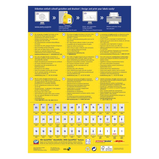 Γραφικό πληροφοριών σχετικά με την τεχνολογία εκτύπωσης ετικετών και τις επιλογές που προσφέρει η Avery, περιγράφοντας χαρακτηριστικά, συμβατότητα και συμβουλές για χρήση σε πολλές γλώσσες.