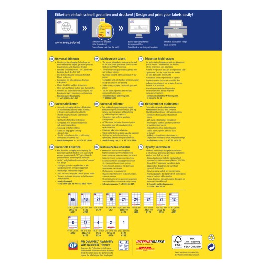 Η εικόνα παρουσιάζει έναν οδηγό σχεδιασμού και εκτύπωσης ετικετών προϊόντων από την Avery, που περιλαμβάνει διάφορους τύπους ετικετών και τις προδιαγραφές τους σε πολλές γλώσσες, όπως Γερμανικά, Γαλλικά, Ολλανδικά, Φινλανδικά, Ρωσικά και Πολωνικά.
