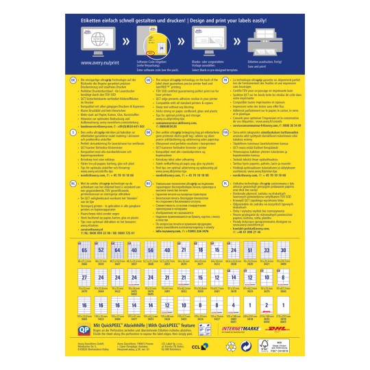 Αυτή η εικόνα περιέχει πληροφορίες σχετικά με το σχεδιασμό και την εκτύπωση ετικετών, περιλαμβάνοντας διάφορες γλώσσες, συμβουλές για βέλτιστη εκτύπωση και μια λίστα με μεγέθη και προδιαγραφές ετικετών από την Avery.