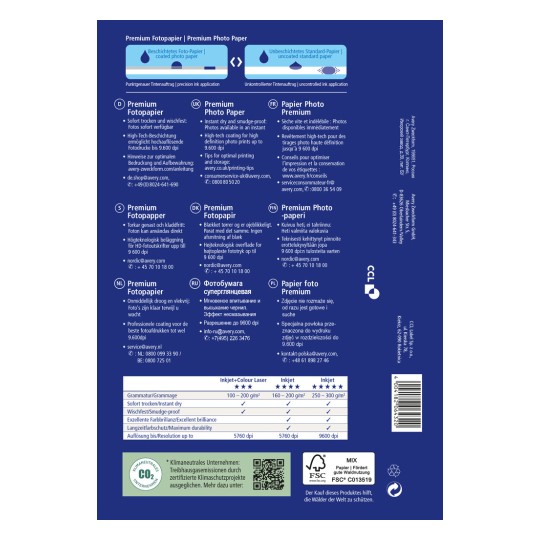 Η εικόνα είναι η συσκευασία για Χαρτί Φωτογραφιών Premium, με λεπτομέρειες για τα χαρακτηριστικά, τις προδιαγραφές του, και διάφορες μεταφράσεις σε πολλές γλώσσες.