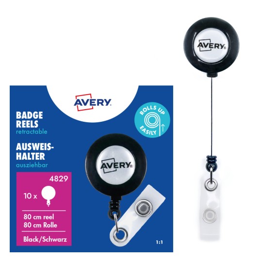 Μαύρο αναδιπλούμενο καρούλι κονκάρδας Avery με διαφανές λουράκι από βινύλιο και λογότυπο;
