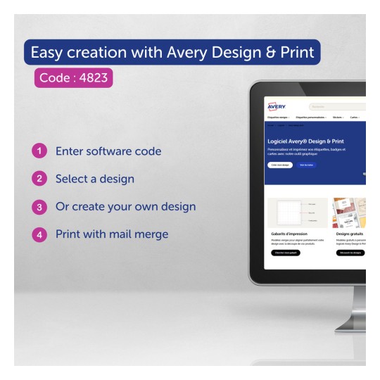 Εικόνα που παρουσιάζει το λογισμικό Avery Design & Print. Παρέχει οδηγίες για τους χρήστες να εισάγουν έναν κωδικό λογισμικού, να επιλέξουν ή να δημιουργήσουν ένα σχέδιο, και να εκτυπώσουν ετικέτες ή κάρτες χρησιμοποιώντας συγχώνευση αλληλογραφίας.