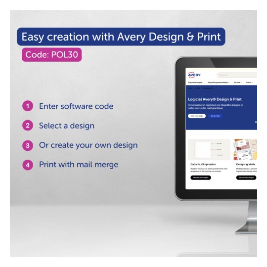 Η εικόνα προωθεί τη χρήση του Avery Design & Print για τη δημιουργία προσαρμοσμένων ετικετών και καρτών. Αναφέρει βήματα όπως την εισαγωγή ενός κωδικού λογισμικού, την επιλογή ή τη δημιουργία ενός σχεδίου, και την εκτύπωση με συγχώνευση αλληλογραφίας.