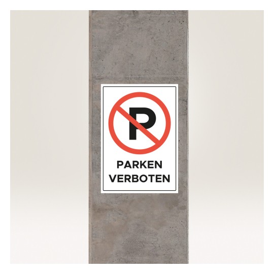 Η εικόνα δείχνει μια πινακίδα 'No Parking' στα γερμανικά, που αναγράφει 'Parken Verboten' με έναν κόκκινο κύκλο και μια διαγώνια γραμμή που διαγράφει το γράμμα 'P'. Η πινακίδα είναι τοποθετημένη σε μια τσιμεντένια επιφάνεια.