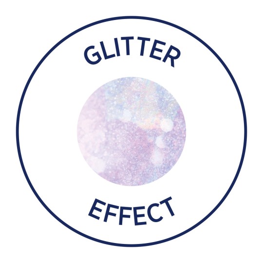 Η εικόνα περιλαμβάνει τις λέξεις 'GLITTER EFFECT' γύρω από ένα κυκλικό σχέδιο με φόντο λεπτή γκλίτερ. Η συνολική αισθητική είναι ονειρική, ενσωματώνοντας παστέλ χρώματα και λαμπερά στοιχεία.
