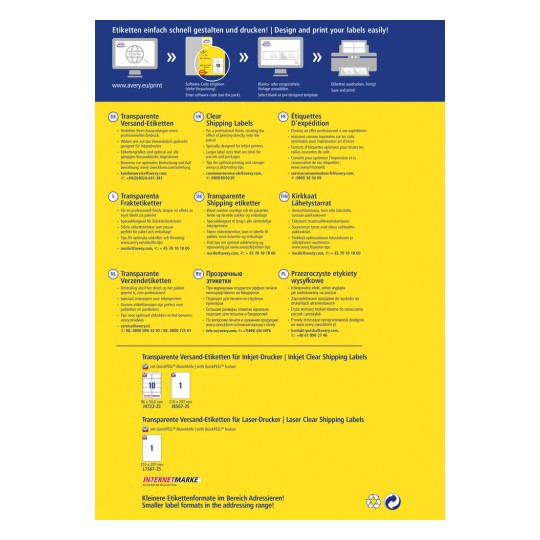 Η εικόνα περιέχει πληροφορίες για διάφανα αυτοκόλλητα αποστολής της Avery σε πολλές γλώσσες. Περιλαμβάνει συμβουλές για εκτύπωση, λεπτομέρειες προϊόντος και στοιχεία επικοινωνίας για την εξυπηρέτηση πελατών.