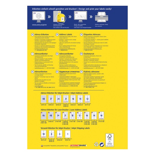 Η εικόνα περιλαμβάνει μια έκθεση διαφορετικών τύπων ετικετών διεύθυνσης και αποστολής για εκτυπωτές inkjet και laser, συνοδευόμενη από συμβουλές σχεδιασμού και οδηγίες σε πολλές γλώσσες. Περιλαμβάνει οπτική αναπαράσταση διαφόρων μεγεθών ετικετών και τους αντίστοιχους κωδικούς, προάγοντας εύκολες επιλογές σχεδιασμού και εκτύπωσης.