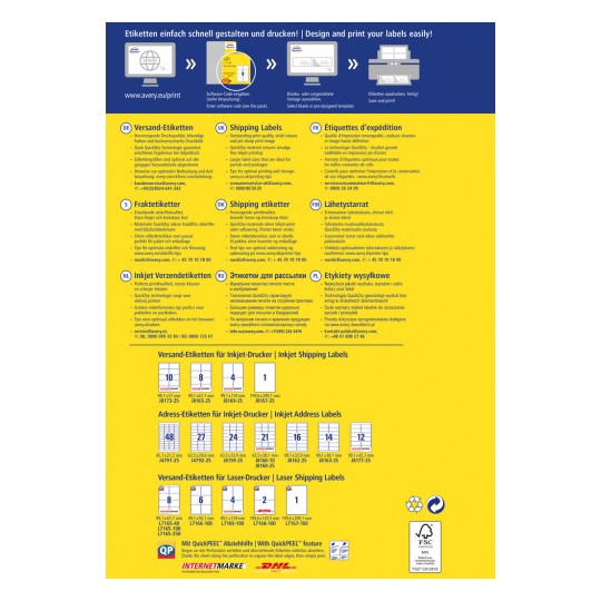 Ένας πίνακας χρωμάτων που παρουσιάζει διάφορες επιλογές εκτύπωσης ετικετών, συμπεριλαμβανομένων μεγεθών και συστάσεων για εκτυπωτές inkjet και laser. Περιέχει οδηγίες σε πολλές γλώσσες.