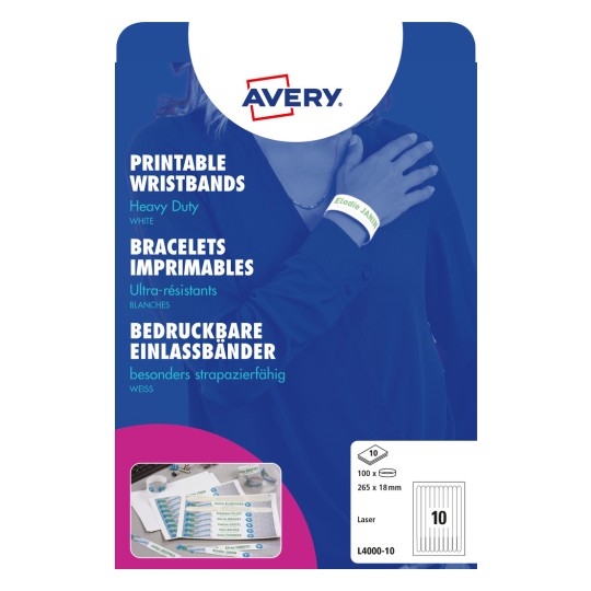 Εικόνα συσκευασίας: Avery Zweckform, Άρθρο: L4000-10, Διαστάσεις: 265 x 18 mm, Κατάλληλο για εκτυπωτές: Έγχρωμοι λέιζερ, λέιζερ, Περιεχόμενο: 100 βραχιόλια / 10 φύλλα.