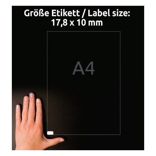 Η εικόνα δείχνει μια ετικέτα μεγέθους 17.8 x 10 mm δίπλα σε ένα χέρι σε σκοτεινό φόντο, με την ένδειξη 'A4' να εμφανίζεται.