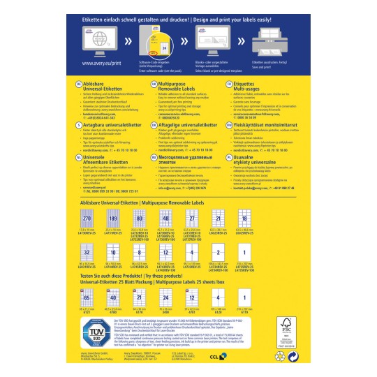 Η εικόνα περιέχει ένα διαφημιστικό φυλλάδιο για τις αφαιρούμενες ετικέτες πολλαπλής χρήσης Avery, που περιγράφει διαφορετικούς τύπους ετικετών, μεγέθη και χαρακτηριστικά σε πολλές γλώσσες.