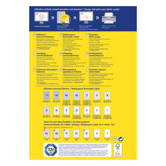 Μια εικόνα που παρουσιάζει διάφορους τύπους αποσπώμενων ετικετών, συμπεριλαμβανομένων ειδικών προδιαγραφών και οδηγιών για το σχεδιασμό και την εκτύπωση. Η διάταξη περιλαμβάνει ετικέτες σε πολλαπλές γλώσσες με διαστάσεις προϊόντων και λεπτομέρειες συσκευασίας.