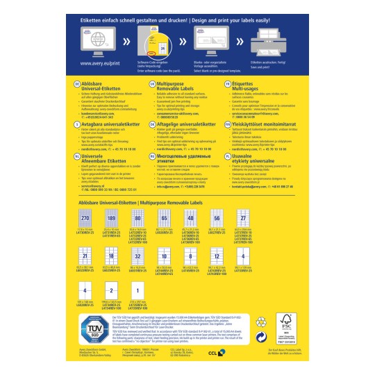 Η εικόνα περιέχει πληροφορίες σχετικά με τις πολυχρηστικές αποσπώμενες ετικέτες της Avery, εμφανίζοντας διάφορα μεγέθη και προδιαγραφές ετικετών σε πολλές γλώσσες. Περιλαμβάνει συμβουλές για τον σχεδιασμό και την εκτύπωση, καθώς και στοιχεία επικοινωνίας με την εξυπηρέτηση πελατών.
