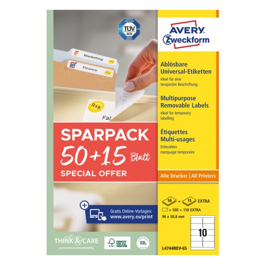 Συσκευασία: Avery Zweckform Universal-Etiketten, αφαιρούμενα, Άρθρο: L4744REV-65, Διάσταση: 96 x 50,8 mm, Κατάλληλο για εκτυπωτές: Inkjet, Laser ασπρόμαυρη, Laser έγχρωμη, Περιεχόμενο: 650 ετικέτες / 65 φύλλα, 10 ετικέτες/φύλλο.