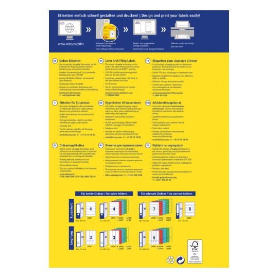 Ένα ενημερωτικό γραφικό για την εκτύπωση ετικετών, που περιλαμβάνει οδηγίες και καθοδήγηση σε πολλές γλώσσες, περιγράφοντας διάφορους τύπους ετικετών και προδιαγραφές για την αρχειοθέτηση και αποθήκευση.