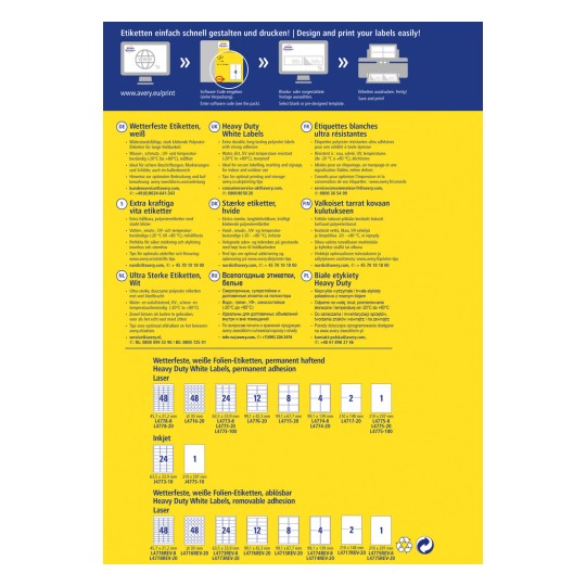 Ένα ενημερωτικό γραφικό που αναλύει διάφορους τύπους ετικετών Avery, συμπεριλαμβανομένων των προδιαγραφών για ανθεκτικές στις καιρικές συνθήκες και βαρέως τύπου λευκές ετικέτες, καθώς και τις διάφορες επιλογές εκτύπωσης. Περιλαμβάνει επίσης πολυγλωσσικές οδηγίες για τη χρήση των ετικετών και συμβουλές για την εκτύπωση.