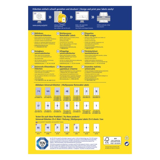 Η εικόνα είναι ένα διαφημιστικό διάγραμμα για ετικέτες Avery, που περιγράφει διάφορες αφαιρούμενες και καθολικές ετικέτες που είναι διαθέσιμες για εκτύπωση. Περιλαμβάνει περιγραφές σε πολλές γλώσσες, εικόνες μορφών ετικετών και οδηγίες για χρήση και σχεδιασμό.