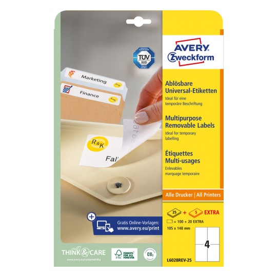 Εικόνα συσκευασίας: Avery Zweckform Universal-Etiketten, αποκολλούμενες, Άρθρο: L6028REV-25, Μέγεθος: 105 x 148 mm, Συμβατότητα εκτύπωσης: Inkjet, Laser σ/ε, Έγχρωμος Laser, Περιεχόμενο: 120 ετικέτες / 30 φύλλα, 4 ετικέτες/φύλλο.