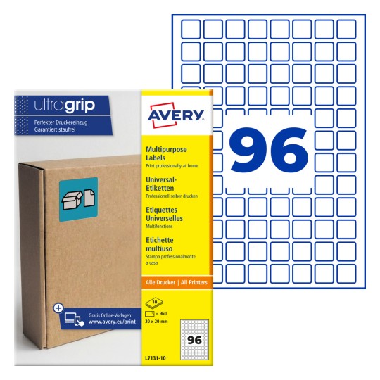 Πολυχρηστική συσκευασία ετικετών Avery Ultragrip που δείχνει 96 μπλε τετράγωνες ετικέτες και τη συσκευασία;