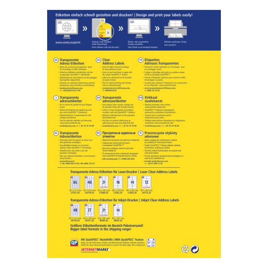 Η εικόνα είναι διαφήμιση για τις διάφανες ετικέτες διεύθυνσης της Avery, παρουσιάζοντας διάφορες γλώσσες και χαρακτηριστικά. Παρέχει οδηγίες για τον σχεδιασμό και την εκτύπωση ετικετών, συμπεριλαμβανομένης της λειτουργίας QuickPEEL. Το έγγραφο περιλαμβάνει διάφορα φορμά ετικετών και ένα τμήμα επικοινωνίας με την εξυπηρέτηση πελατών.