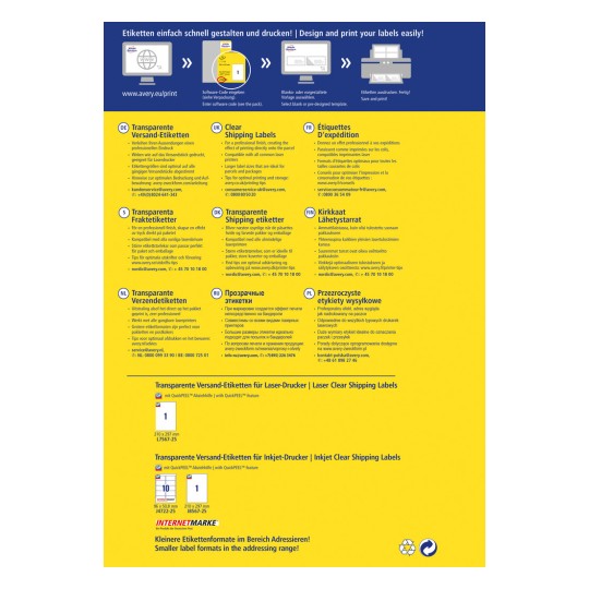 Η εικόνα παρουσιάζει ένα διαφημιστικό φυλλάδιο για τις διαφανείς ετικέτες αποστολής της Avery. Περιλαμβάνει οδηγίες σε πολλές γλώσσες και επισημαίνει τη συμβατότητα με εκτυπωτές laser και inkjet. Υπάρχουν διάφορες επιλογές ετικετών και πρότυπα για εύκολο σχεδιασμό και εκτύπωση.