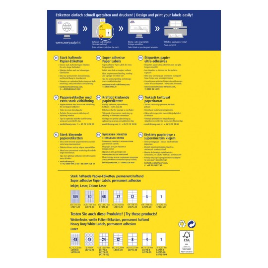 Η εικόνα παρουσιάζει ένα φυλλάδιο προϊόντος που περιλαμβάνει διάφορους τύπους χάρτινων ετικετών με αυτοκόλλητο. Περιλαμβάνει πληροφορίες σχετικά με εξαιρετικά κολλητικές ετικέτες, προτάσεις χρήσης, προδιαγραφές και μεθόδους εφαρμογής σε πολλές γλώσσες. Στο κάτω μέρος παρατίθενται διαφορετικοί τύποι και μεγέθη ετικετών με τους αντίστοιχους κωδικούς τους.