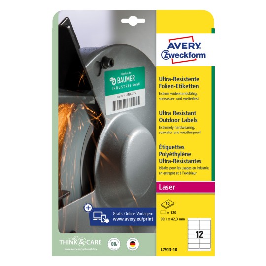 Συσκευασία: Avery Zweckform Ultra Resistente Outdoor Ετικέτες, Άρθρο:  L7913-10, Διαστάσεις: 99,1 x 42,3 χιλιοστά, Καταλληλότητα εκτύπωσης: Ασπρόμαυρος Laser, Έγχρωμος Laser, Περιεχόμενο: 120 ετικέτες / 10 φύλλα, 12 ετικέτες/φύλλο