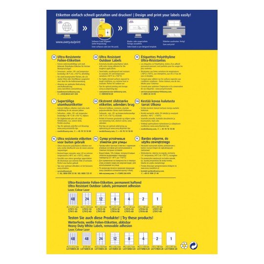 Η εικόνα είναι μια διαφήμιση ή ένα ενημερωτικό γραφικό για τις υπερ-ανθεκτικές εξωτερικές ετικέτες της Avery, παρουσιάζοντας χαρακτηριστικά, οδηγίες και διάφορα διαθέσιμα μεγέθη ετικετών για εκτύπωση. Περιλαμβάνει πολυγλωσσικές περιγραφές και στοιχεία επικοινωνίας.