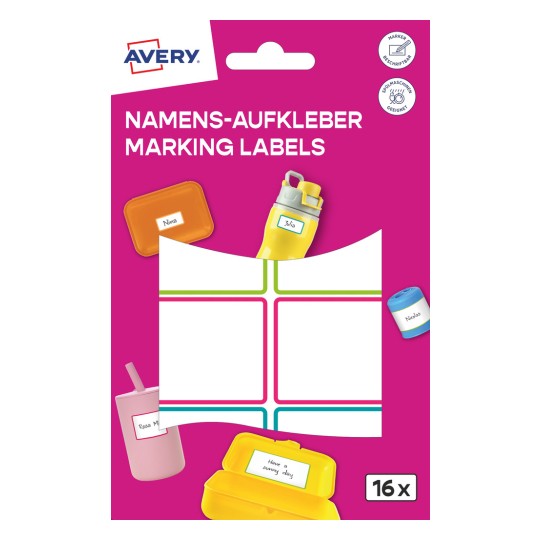 Εικόνα συσκευασίας: Avery, Άρθρο: NAME16C, Διάσταση: 34 x 48 χιλιοστά, Περιεχόμενο: 16 ετικέτες / 2 φύλλα, 8 ετικέτες/ρολό?