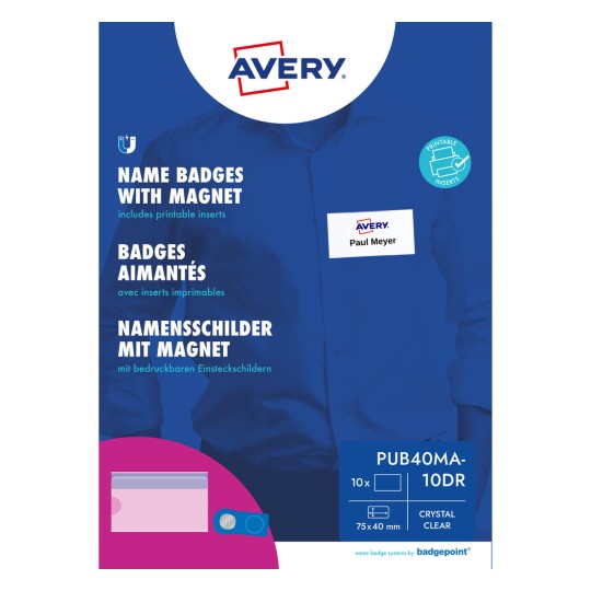 Συσκευασία Avery που δείχνει μαγνητικές κονκάρδες ονόματος σε μπλε πουκάμισο με δείγμα κονκάρδας;