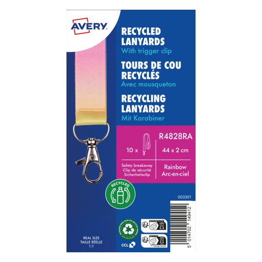 Μια εικόνα από ανακυκλωμένα κορδόνια της Avery, με κρίκο ασφαλείας, χρώματα ουράνιου τόξου, συσκευασία των 10, μηχανισμό ασφαλείας και λογότυπο ανακυκλωμένων υλικών.