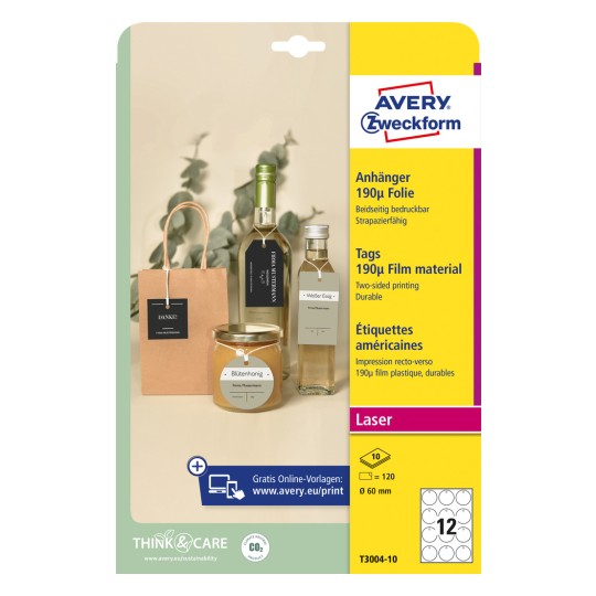 Εικόνα συσκευασίας: Avery Zweckform, Άρθρο: T3004-10, Διαστάσεις: ⌀ 60 mm, Καταλληλότητα εκτύπωσης: Laser ασπρόμαυρη, έγχρωμος Laser, Περιεχόμενο: 120 ετικέτες / 10 φύλλα, 12 ετικέτες ανά φύλλο.
