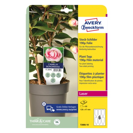 Εικόνα συσκευασίας: Avery Zweckform, Άρθρο: T3006-10, Διάσταση: 128 x 47 mm, Κατάλληλο για εκτύπωση: Ασπρόμαυρος Laser, Έγχρωμος Laser, Περιεχόμενο: 60 τεμάχια / 10 φύλλα, 6 τεμάχια/φύλλο.