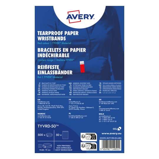 Απεικόνιση προϊόντος: Avery Zweckform, Άρθρο: TYVRD-50, Βραχιολάκια Εισόδου, 19 x 256 mm, Μικρή συσκευασία, 500 βραχιολάκια / 50 φύλλα.