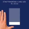 Η εικόνα δείχνει μια ετικέτα με διαστάσεις 76 x 19 mm, συνοδευόμενη από ένα χέρι για σύγκριση μεγέθους. Το φόντο είναι σκούρο μπλε.