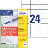 Εικόνα συσκευασίας με φύλλο ετικετών: Avery Zweckform Universal-Etiketten, Άρθρο: 6605, Διαστάσεις: 70 x 37 χλστ., Καταλληλότητα εκτύπωσης: Inkjet, Laser μονόχρωμος, Έγχρωμος laser, Περιεχόμενο: 1.560 ετικέτες / 65 φύλλα, 24 ετικέτες/φύλλο.