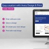 Η εικόνα προωθεί τη χρήση του Avery Design & Print για τη δημιουργία προσαρμοσμένων ετικετών και καρτών. Αναφέρει βήματα όπως την εισαγωγή ενός κωδικού λογισμικού, την επιλογή ή τη δημιουργία ενός σχεδίου, και την εκτύπωση με συγχώνευση αλληλογραφίας.