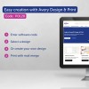 Η εικόνα παρουσιάζει το λογισμικό Avery Design & Print με οδηγίες για εύκολη δημιουργία ετικετών. Περιλαμβάνει βήματα όπως η εισαγωγή ενός κωδικού λογισμικού, η επιλογή ενός σχεδίου, η δημιουργία ενός προσαρμοσμένου σχεδίου και η εκτύπωση με συγχώνευση αλληλογραφίας.