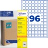 Πολυχρηστική συσκευασία ετικετών Avery Ultragrip που δείχνει 96 μπλε τετράγωνες ετικέτες και τη συσκευασία;